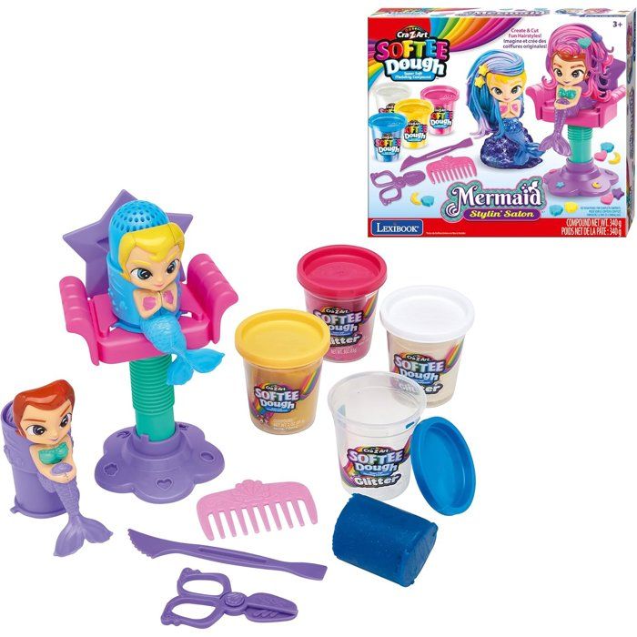 LEXIBOOK CRAZART - Salon de coiffure scintillant pour sirenes en pâte a modeler douce et malléable - Rose Blanc Bleu Jaune - 3 ans