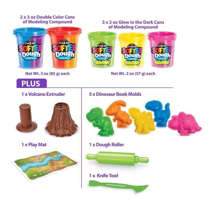 LEXIBOOK CRAZART - Kit de dinosaures en pâte a modeler malléable et fluorescente - Bleu Violet Rouge Orange Vert Jaune Rose,