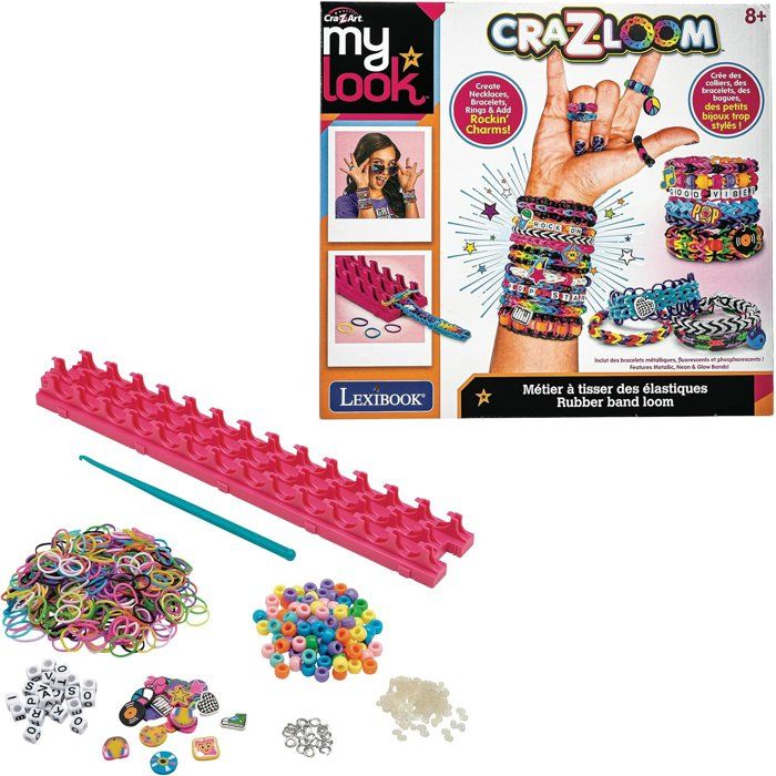 LEXIBOOK CRAZART - Kit de Bracelet élastiques a Tisser Rock 'n' Roll, Rose Violet Bleu Vert Orange Jaune Rouge Noir Blanc