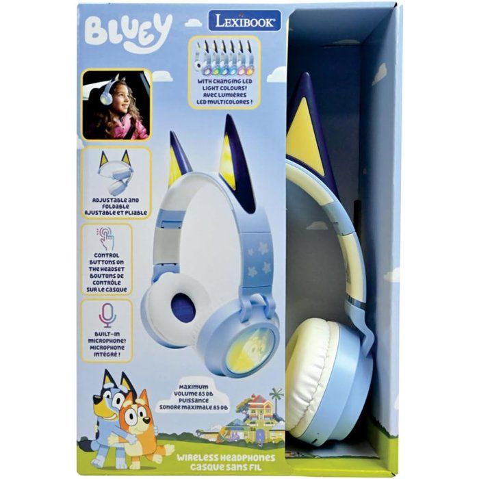 LEXIBOOK - Casque lumineux pliable Bluetooth et filaire avec un design 3D de l'univers Bluey avec limitation du volume