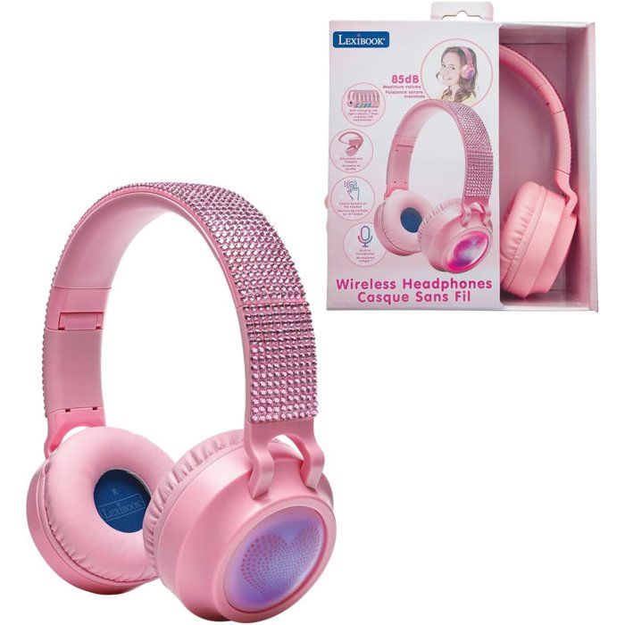 LEXIBOOK - Casque lumineux pliable Bluetooth et filaire avec un design 3D strass roses avec limitation du volume
