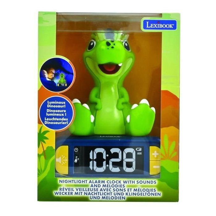 LEXIBOOK - Réveil veilleuse Dino - Sons et mélodies, écran LCD rétro-éclairé et lumineux - Vert
