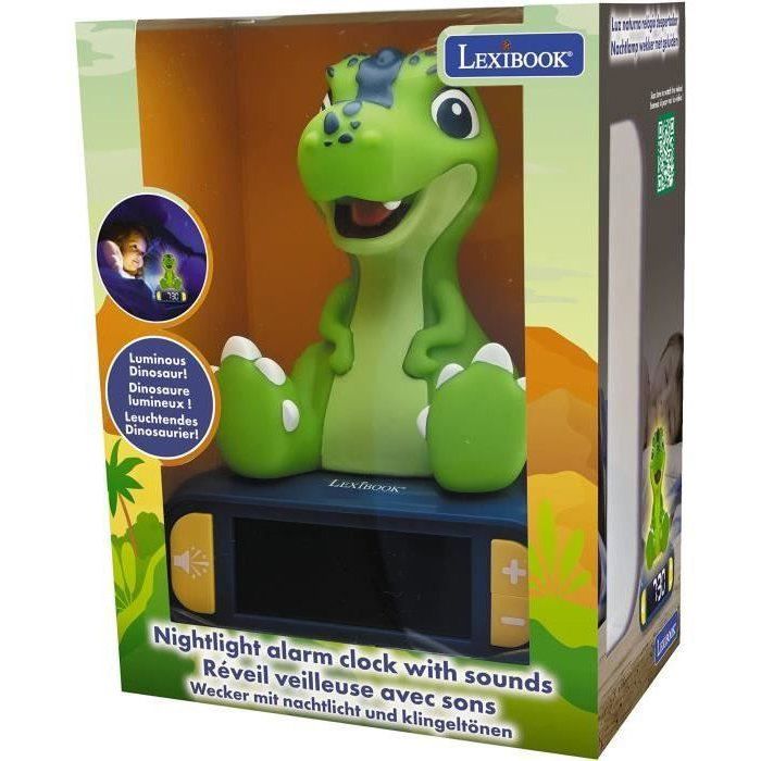 LEXIBOOK - Réveil veilleuse Dino - Sons et mélodies, écran LCD rétro-éclairé et lumineux - Vert
