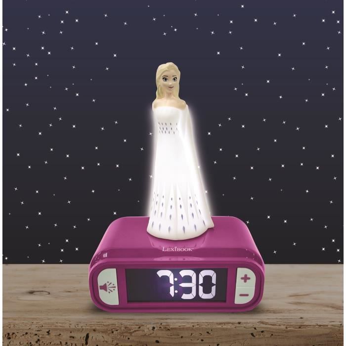LEXIBOOK - Réveil veilleuse Elsa La Reine des Neiges - Sons et mélodies, écran LCD rétro-éclairé et lumineux - Blanc, Violet