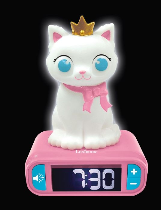 LEXIBOOK - Réveil veilleuse Chat - Sons et mélodies, écran LCD rétro-éclairé et lumineux - Blanc, Rose
