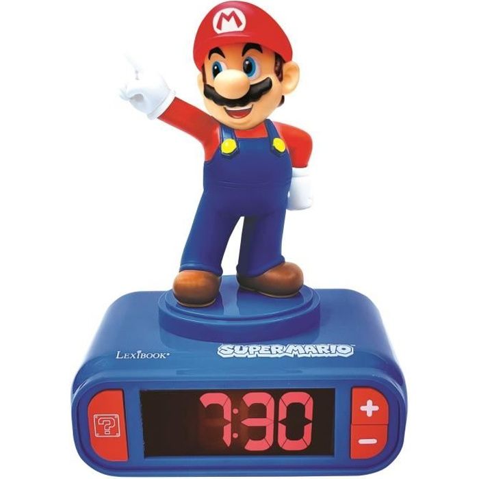 LEXIBOOK - Réveil veilleuse Super Mario - Sons et mélodies, écran LCD rétro-éclairé et lumineux - Bleu, Rouge