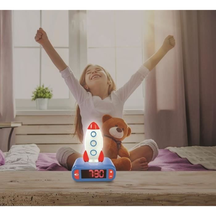 Réveil veilleuse digital LEXIBOOK - Fusée - 3D lumineux et sonore - Bleu, blanc et rouge - Enfant