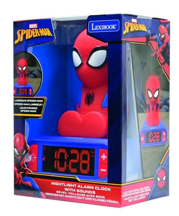 LEXIBOOK - Réveil veilleuse Spiderman - Sons et mélodies, écran LCD rétro-éclairé et lumineux - Bleu, Rouge