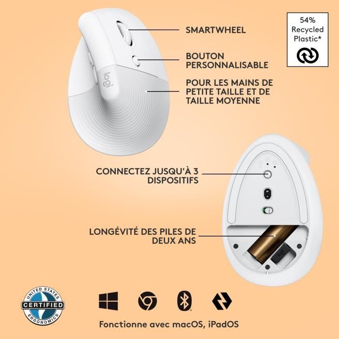 Souris - Sans Fil - Logitech - Lift Ergonomique Verticale - Blanc - Droitier