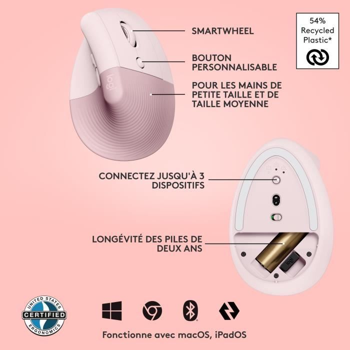 Souris Logitech Lift Ergonomique Verticale, Sans Fil, Silencieuse - Rose