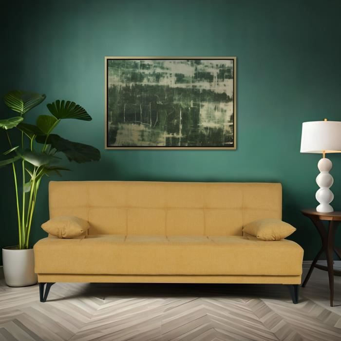 Banquette convertible 3 places - LIMRA - Tissu moutarde - 2 coussins - 190 x 87 x 87 cm