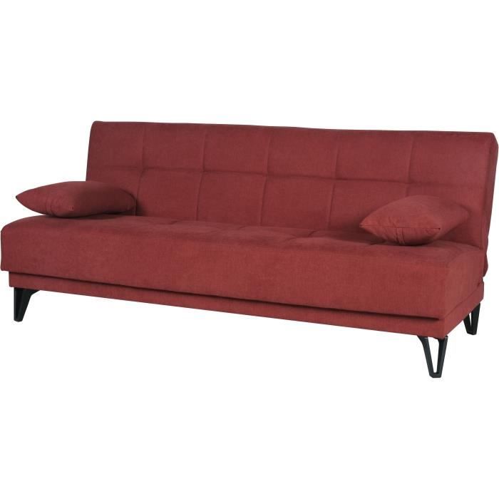 Banquette convertible 3 places - LIMRA - Tissu rouge - 2 coussins - 190 x 87 x 87 cm