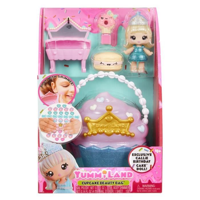Yummiland Beauty Bag Playset + Lip Gloss Doll - Cupcake Bag - avec Callie Birthday Cake Exclusive, Vernis + Stickers a Ongles, 4 ans