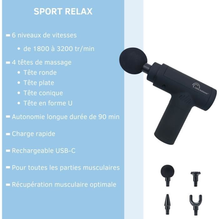 Pistolet massant - LITTLE BALANCE - Sport Relax - 6 vitesses - 4 tetes - Noir