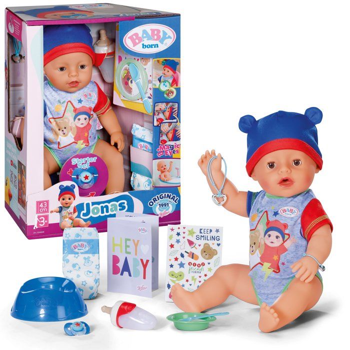 Poupon - BABY BORN - Jonas - 10 fonctions réalistes - 10 accessoires - Bleu et Rouge - 43cm - Des 3 ans