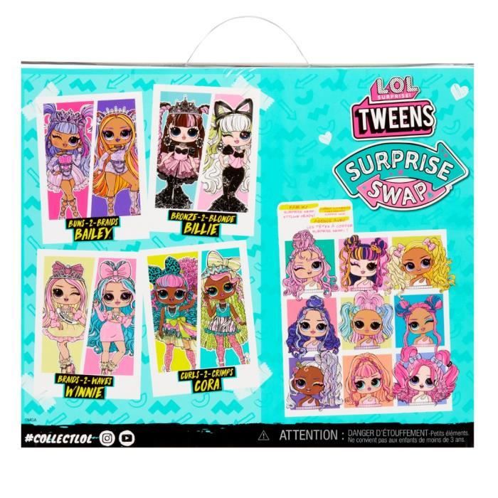 L.O.L. Surprise Tweens Surprise Swap Fashion Doll - Curls-2- Crimps Cora - 1 poupée Tweens 17cm, 1 mini tete a coiffer et des