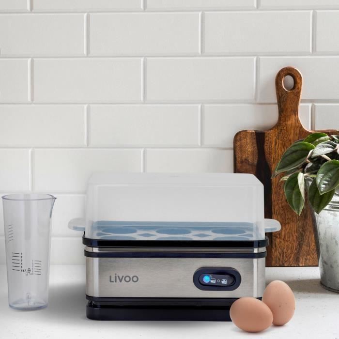 Cuiseur a oeufs - LIVOO - DOC290 - 400W - 6 oeufs - Acier inoxydable - Maintien au chaud - Support a oeufs, couvercle et verre doseur