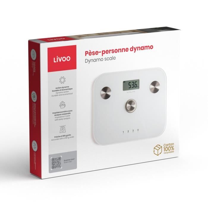Pese-personne impédancemetre dynamo - LIVOO - DOM465W - Sans pile - 6 indicateurs - Max 150 kg - 4 profils - LCD - Blanc