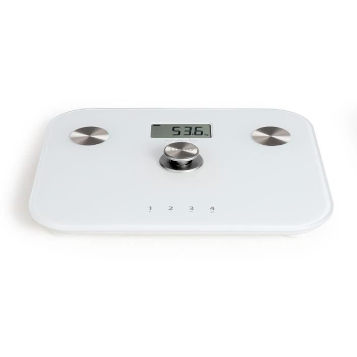 Pese-personne impédancemetre dynamo - LIVOO - DOM465W - Sans pile - 6 indicateurs - Max 150 kg - 4 profils - LCD - Blanc