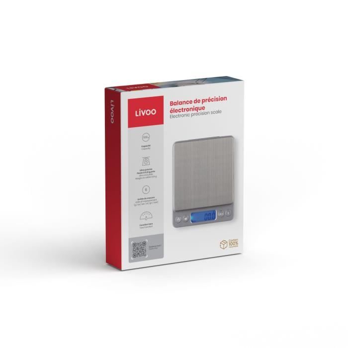 Balance de précision électronique - LIVOO - DOM474 - Plateau acier inoxydable - Max. 500g - 6 unités de mesure - Ecran LCD