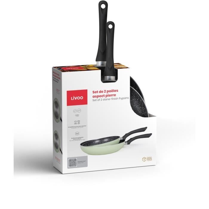 Set de 2 poeles aspect pierre - LIVOO - MEN124VE - Revetement antiadhésif - Ø 24 et 28 cm - Manche silicone - Tous feux