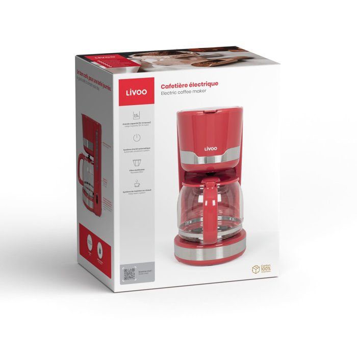 Cafetiere électrique - LIVOO - DOD201RC - 1000 W - 1,5 L - 12 a 14 tasses - Rouge chili