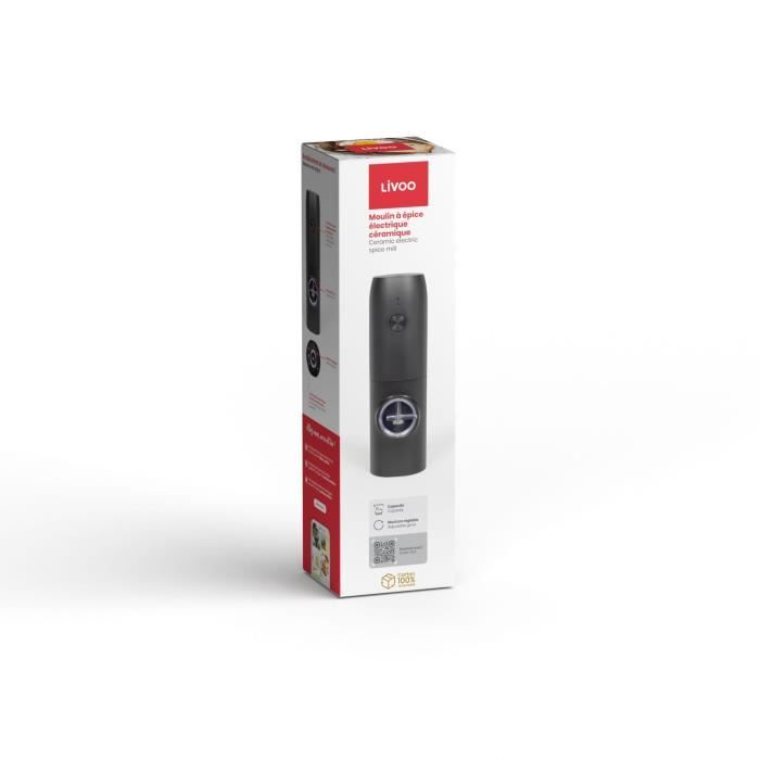 Moulin a épice électrique - LIVOO - GS160 - 25W - 70 ml - Meule céramique, moulure réglable - Lumiere LED - Rechargeable