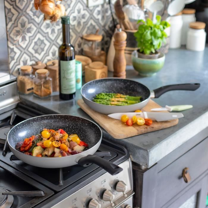 Set de 2 poeles aspect pierre - LIVOO - MEN124GR - Revetement antiadhésif - Ø 24 et 28 cm - Manche silicone - Tous feux