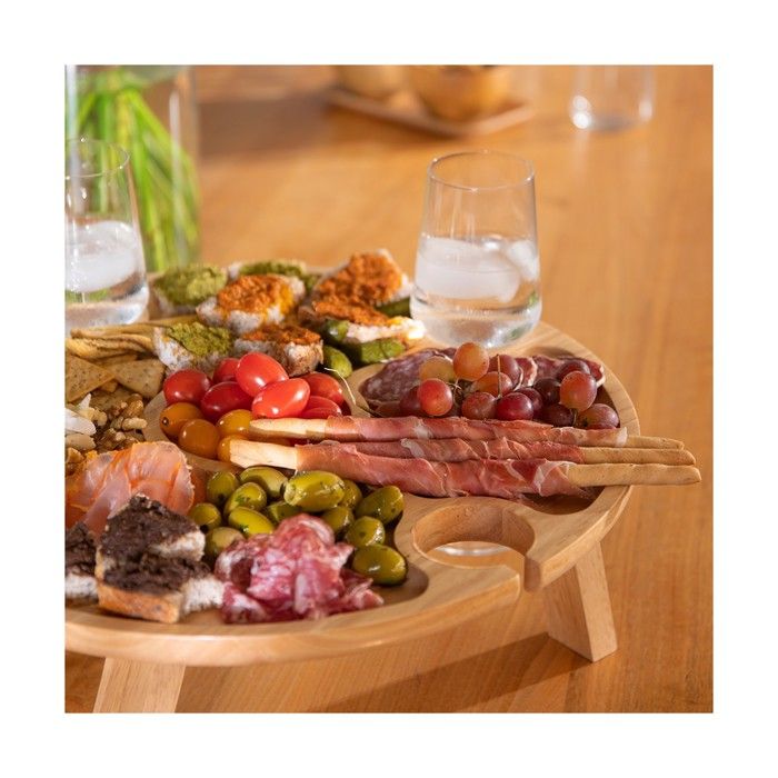Plateau apéritif - LIVOO - MES150 - Bois d'hévéa - Plateau séparateur - 4 encoches pour verres - Pieds pliables