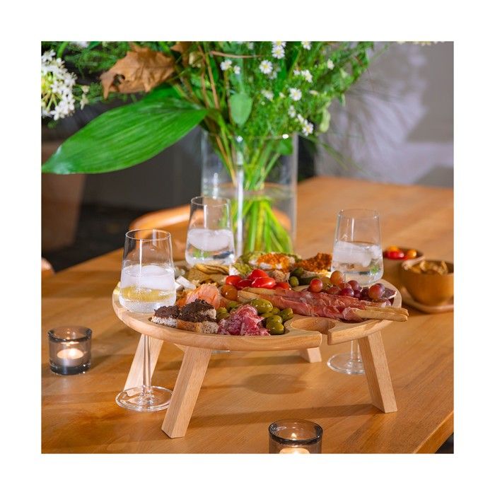 Plateau apéritif - LIVOO - MES150 - Bois d'hévéa - Plateau séparateur - 4 encoches pour verres - Pieds pliables