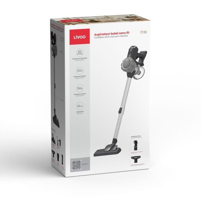 Aspirateur Balai sans fil - LIVOO DOH141 - 150 W - 10 KPa - 76 dB - Cyclonique - 2 vitesses - 0,55 L - Gris