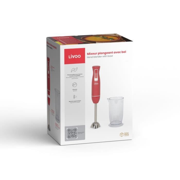 Mixeur plongeant - LIVOO - DOP245R - 400W - 2 vitesses - Bol gradué 700 ml - 2 lames en acier inoxydable