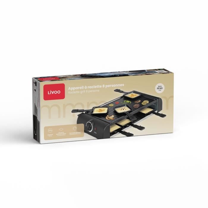 Appareil a raclette 8 personnes - LIVOO - DOC312 - 1300W - 8 personnes - Plateau grill amovible antiadhésif - Thermostat ajustable