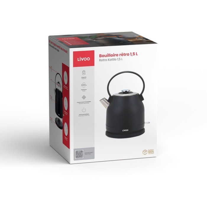 Bouilloire rétro - LIVOO - DOD202N - 2200 W - 1,5 L - Socle 360° - Noir