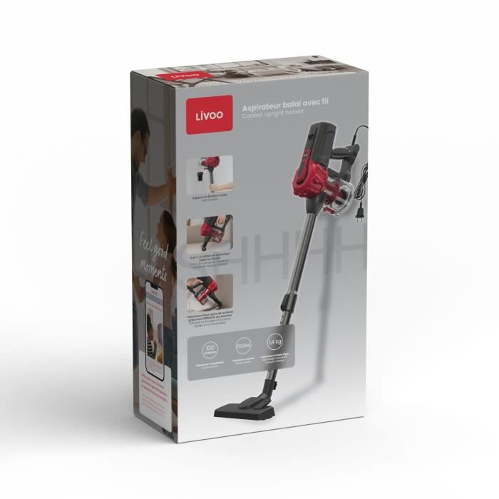 Aspirateur Balai Filaire - LIVOO DOH142 - 600 W - 12 kPa - 82 dB - Cyclonique - 0,55 L - Rouge