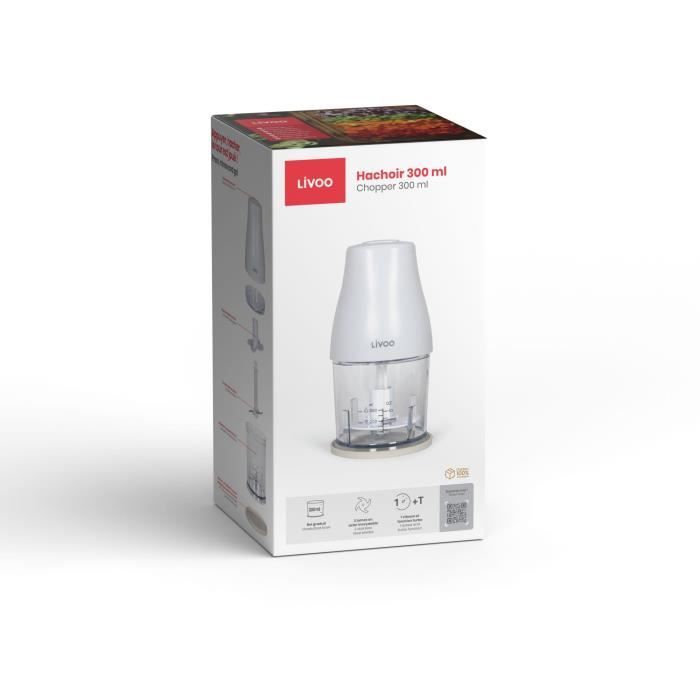 Hachoir - LIVOO - 300 ml - 400 W - 1 vitesse et fonction turbo - 2 lames en inox - Blanc