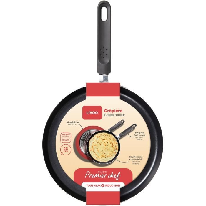 Premier Chef - Crepiere 26 cm - LIVOO - MEP149 - Antiadhésif sans PFOA ni PFOS - Manche silicone - Tous feux dont induction