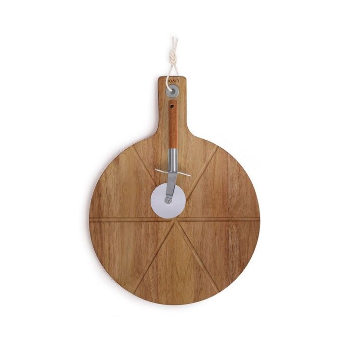 Set a pizza - LIVOO - MES158 - Bois acacia - 30 x 45 cm - 1 roulette a pizza - Poignée avec trou de suspension