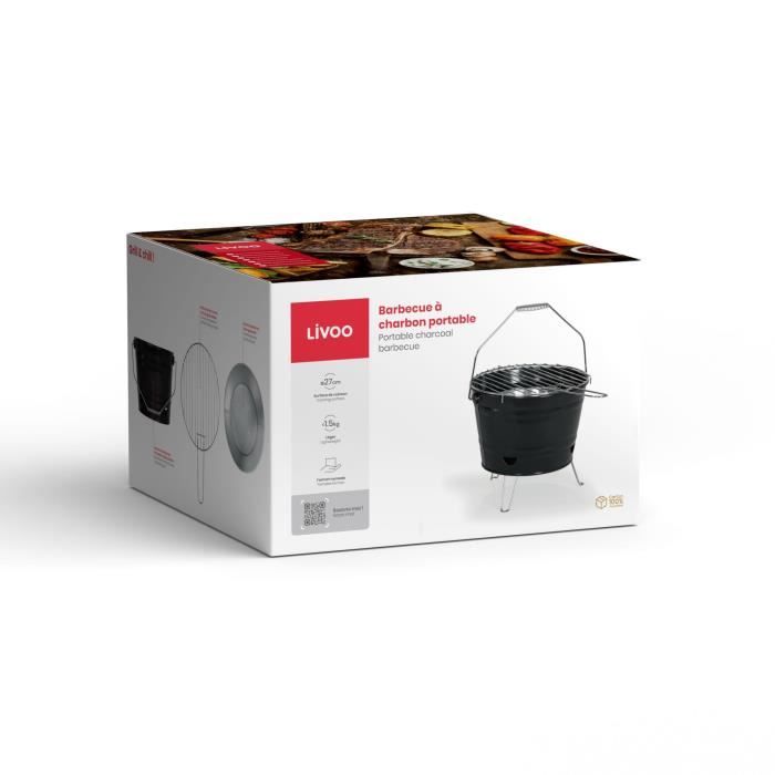 Barbecue a charbon portable - LIVOO - DOC327N - ø27 cm - Grille en acier chromé - Hauteur 24 cm - Pieds pliables - Poignées