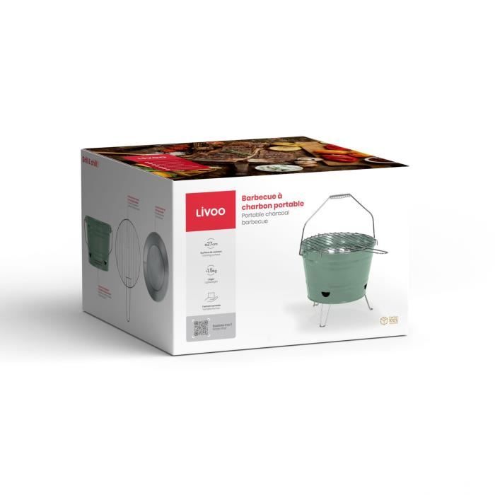 Barbecue a charbon portable - LIVOO - DOC327V - ø27 cm - Grille en acier chromé - Hauteur 24 cm - Pieds pliables - Poignées