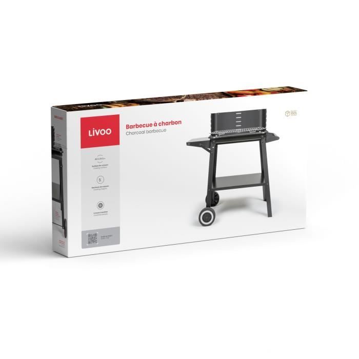 Barbecue a charbon - LIVOO - DOC328 - Inox - Surface de cuisson 48,5 x 28,8 cm - Hauteur réglable 70-84 cm