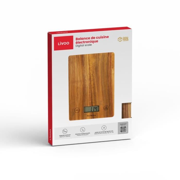 Balance de cuisine électronique - LIVOO - DOM492 - Plateau acacia - Max. 5 kg - 4 unités de mesure - Ecran LCD