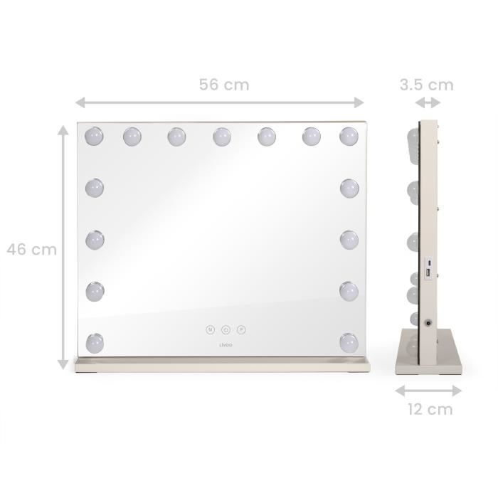 Miroir de maquillage Hollywood - LIVOO - DOS207 - 56 x 44 cm - 15 LEDs - 3 modes lumineux - Blanc