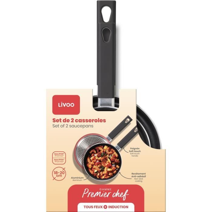 Set de 2 casseroles - LIVOO - MEP154R - Antiadhésif sans PFOA - Manche silicone - Tous feux