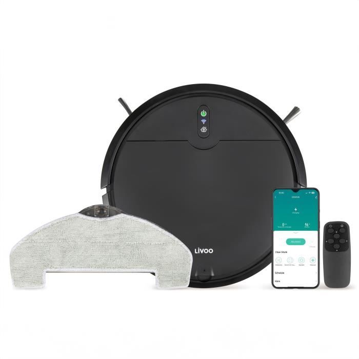 Aspirateur Robot laveur connecté - LIVOO - DOH145 WASH'UP - 1000 Pa - 70 min - 2 réservoirs - Noir