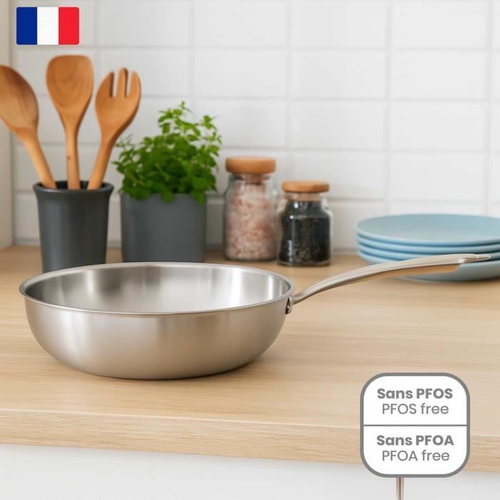 Wok en acier inoxydable - LIVOO - MEP162 - Ø 28 cm - Acier inoxydable - Tous feux dont induction et four - Made in France