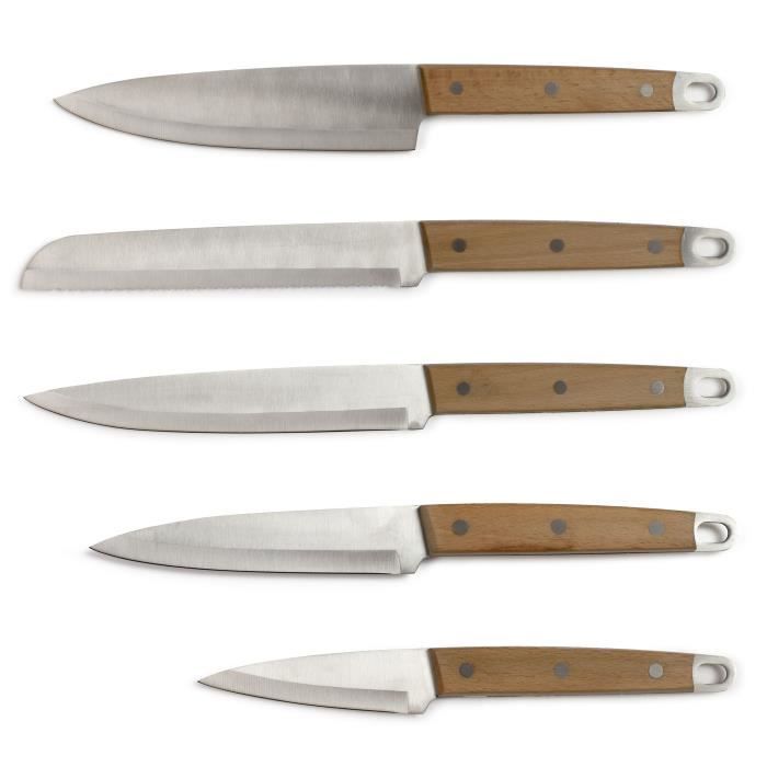 Set de 5 couteaux - LIVOO - MEC129 - Couteaux : chef, a pain, de cuisine, tranchelard et office - Acier inoxydable - Manche en hetre