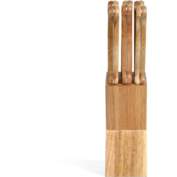 Set de 6 couteaux a steak avec support - LIVOO - MEC133 - 11 cm - Acier inoxydable - Epaisseur 1,2 mm - En bois d'acacia - 3 rivets