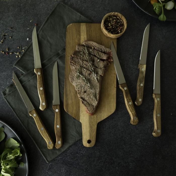 Set de 6 couteaux a steak avec support - LIVOO - MEC133 - 11 cm - Acier inoxydable - Epaisseur 1,2 mm - En bois d'acacia - 3 rivets