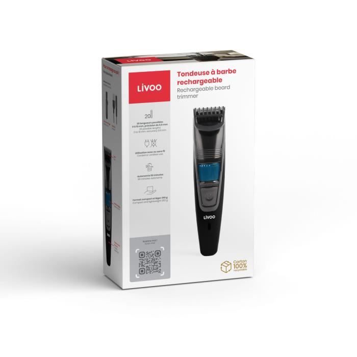 Tondeuse a barbe rechargeable - LIVOO - DOS186 - 5 W - 90 min - Jusqu'a 10 mm - 20 longueurs - Noir / Bleu
